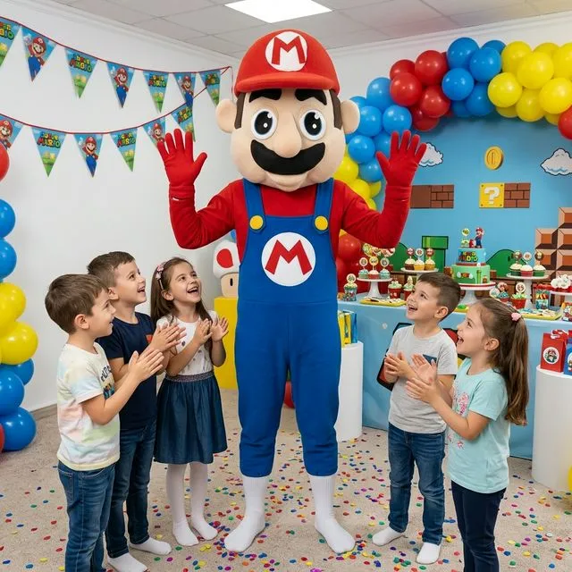 Mascotă Mario cu cap mare, șapcă roșie cu M și salopetă albastră, lângă copii.