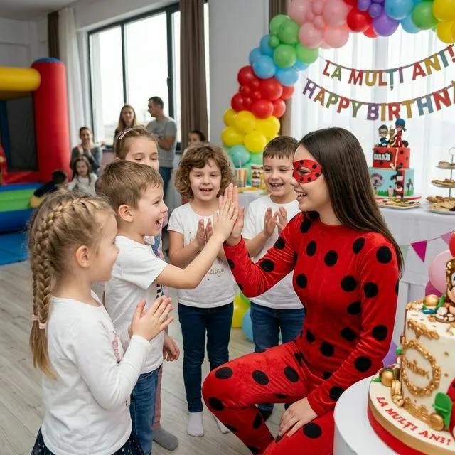 Animatoare în costum roșu cu buline negre și mască pe ochi, tip Buburuză/Ladybug, lângă copii.