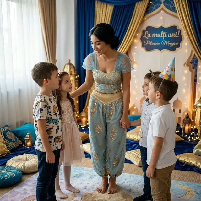 Animatoare în costum de prințesă albastru/turcoaz cu auriu, tip Jasmine, lângă copii.