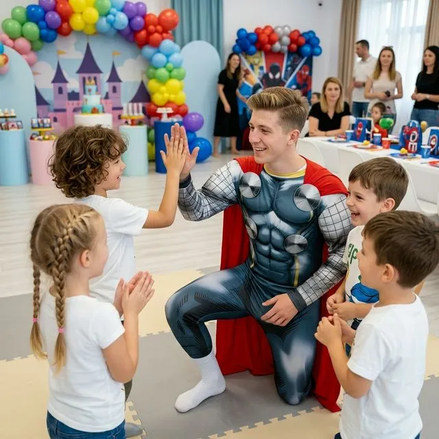 Animator în costum Thor cu armură gri cu discuri și pelerină roșie.