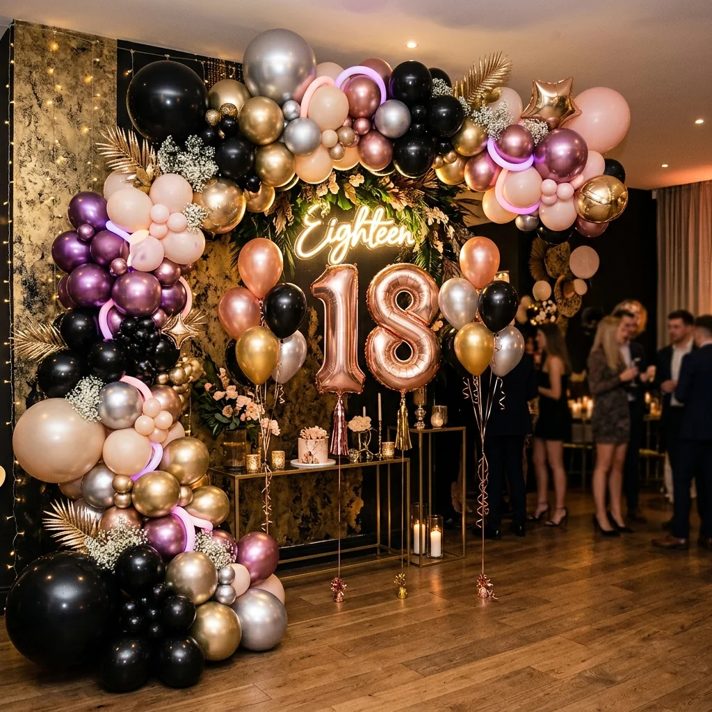 Decor de majorat cu baloane negre, roz și aurii și cifra 18, într-un interior festiv.